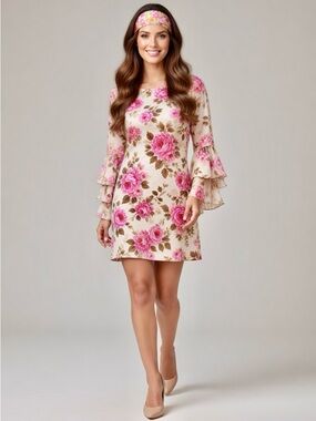 Connected apparel Cream Shift Dress with Pink Rose Print and Bell Sleeves 10P